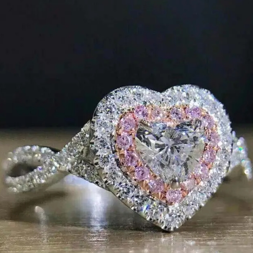 Pink Cubic Zirconia Silver Heart Ring Costume Jewelry | Size 8